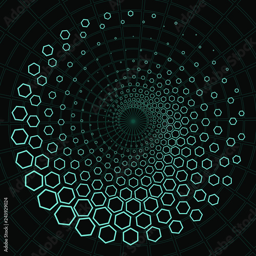 Abstract Black and Blue Geometric Pattern with Hexagons. Spiral-like Spotted Tunnel. Contrasty Optical Psychedelic Illusion. 3D Illustration