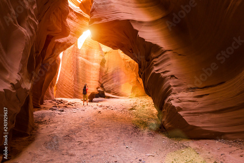 Rear view of female hiker taking picture of canyon with smartphone