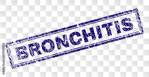 BRONCHITIS stamp seal imprint with rubber print style and double framed rectangle shape. Stamp is placed on a transparent background. Blue vector rubber print of BRONCHITIS caption with dust texture.