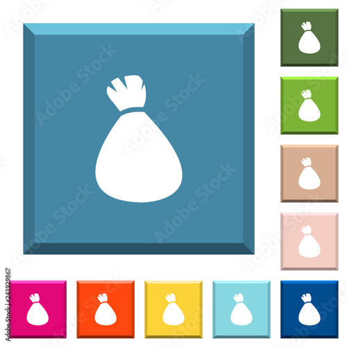 Money bag white icons on edged square buttons