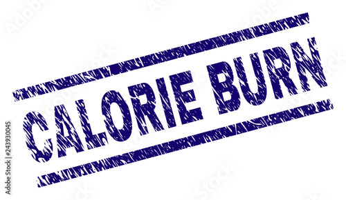 CALORIE BURN seal print with distress style. Blue vector rubber print of CALORIE BURN title with dirty texture. Text title is placed between parallel lines.