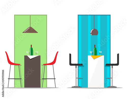 Bar table and chairs with hanging lamp, bottle and glasses. Vector illustration in flat style on a white background.