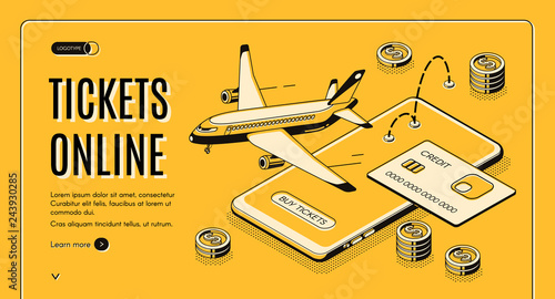 Booking airline tickets online isometric vector web banner. Credit card, flying passenger airliner, mobile application on cellphone screen line art illustration. Internet payment service landing page