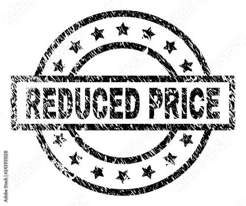 REDUCED PRICE stamp seal watermark with distress style. Designed with rectangle, circles and stars. Black vector rubber print of REDUCED PRICE title with retro texture.