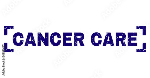 CANCER CARE text seal print with corroded effect. Text title is placed between corners. Blue vector rubber print of CANCER CARE with retro texture.