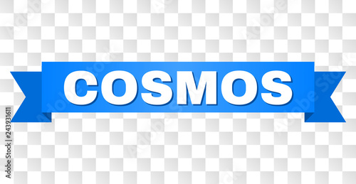 COSMOS text on a ribbon. Designed with white caption and blue stripe. Vector banner with COSMOS tag on a transparent background.