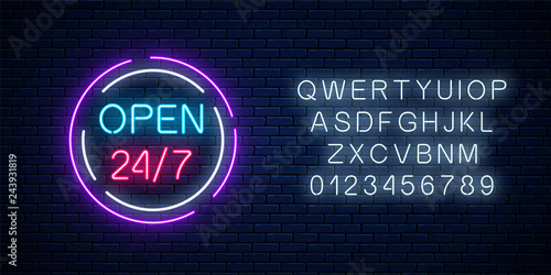 Neon open 24 hours 7 days a week sign in circle shaps with alphabet. Round the clock working bar