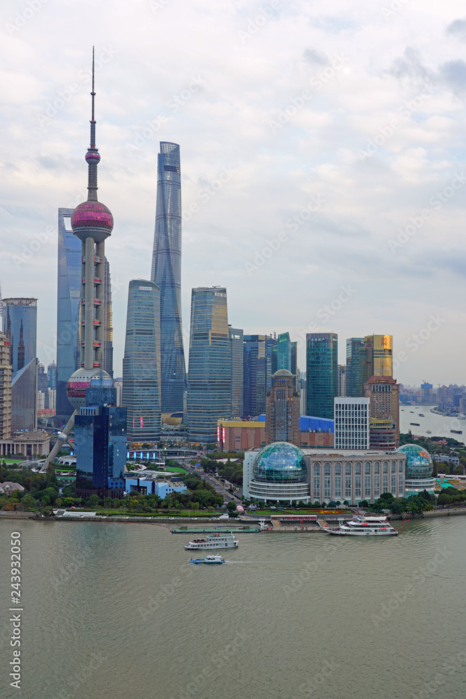 Day view of the modern Pudong skyline seen from the Bund in Shanghai, China