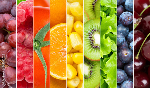 Background of mixed fresh fruits and vegetables