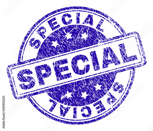 SPECIAL stamp seal watermark with grunge texture. Designed with rounded rectangles and circles. Blue vector rubber print of SPECIAL text with grunge texture.