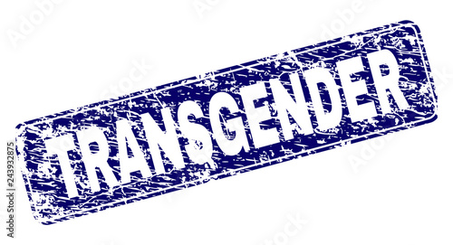 TRANSGENDER stamp seal print with grunge style. Seal shape is a rounded rectangle with frame. Blue vector rubber print of TRANSGENDER text with scratched style.