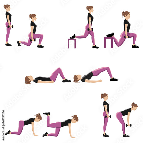Set of five vector illustrations of glute exercises and workouts. Vector illustrations of lunges, hip thrusts, bulgarian split squats, quadruped hip extensions and deadlifts. With shadows.