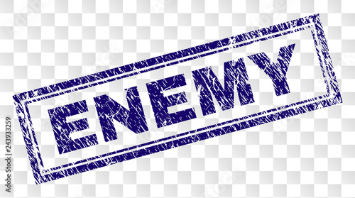 ENEMY stamp seal imprint with rubber print style and double framed rectangle shape. Stamp is placed on a transparent background. Blue vector rubber print of ENEMY label with unclean texture.