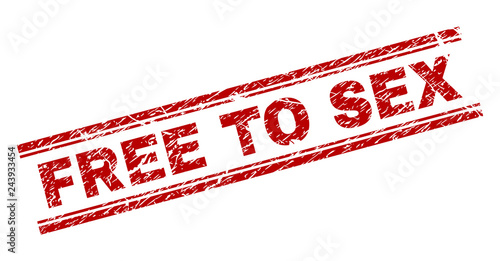 FREE TO SEX seal print with corroded texture. Red vector rubber print of FREE TO SEX tag with dust texture. Text caption is placed between double parallel lines.
