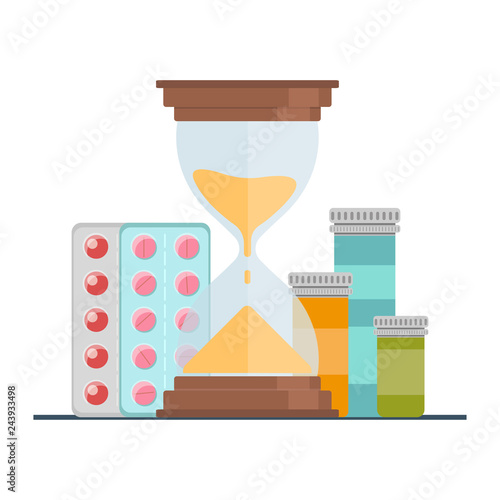 The concept of time and health, time to take medicine. Vector illustration.