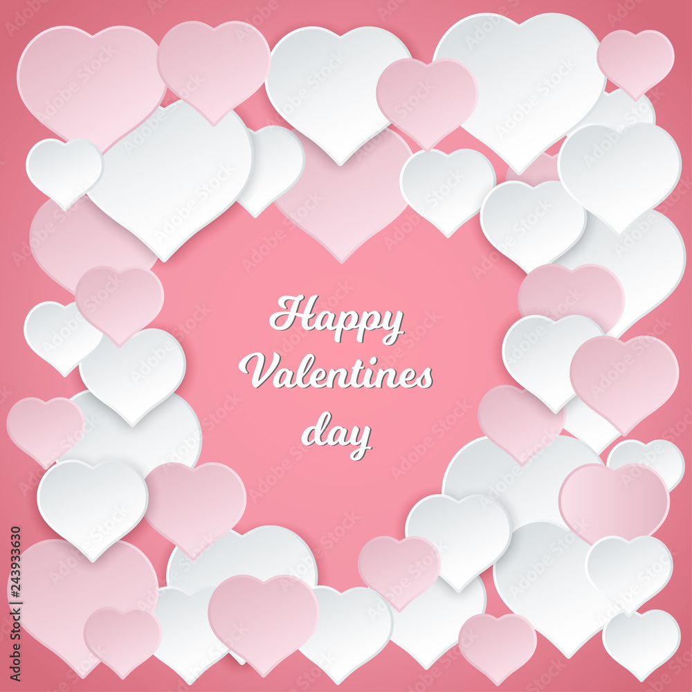 Happy Valentines day. Romantic postcard with paper hearts