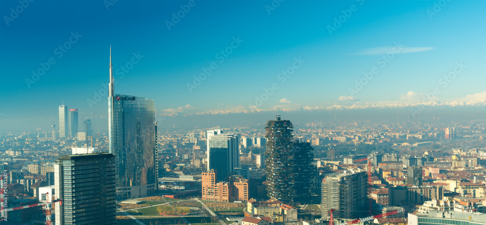 Milan (Italy) skyline. Aerial view of new skyscraper in Porta Nuova district.