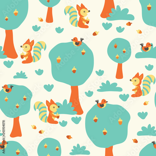 Cute squirrels and birds in the forest. Flat Scandinavian style. Seamless kids vector pattern for fabric, kids decor, gift wrapping, wallpaper, childrens room or clothing. Vector illustration