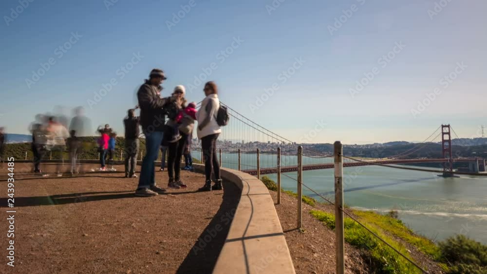 Timelapse Tracking Shot of Anonymous Tourists at Golden Gate Bridge -Zoom In-