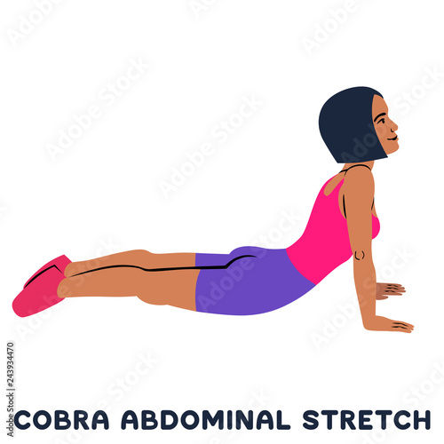 Cobra abdominal stretch. Old horse stretch. Sport exersice. Silhouettes of woman doing exercise. Workout, training.