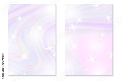 Unicorn rainbow background. Holographic sky in pastel color. Bright hologram mermaid pattern in princess colors. Vector illustration. Unicorn Fantasy gradient colorful backdrop with rainbow mesh.