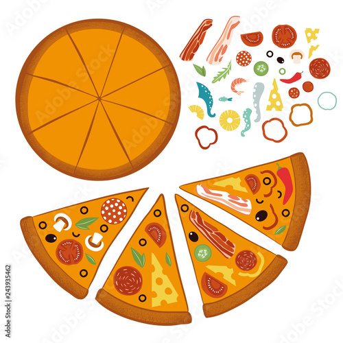 Round big mix pizza, slices triangle, italian restaurant menu, snack food ingredients for pizza