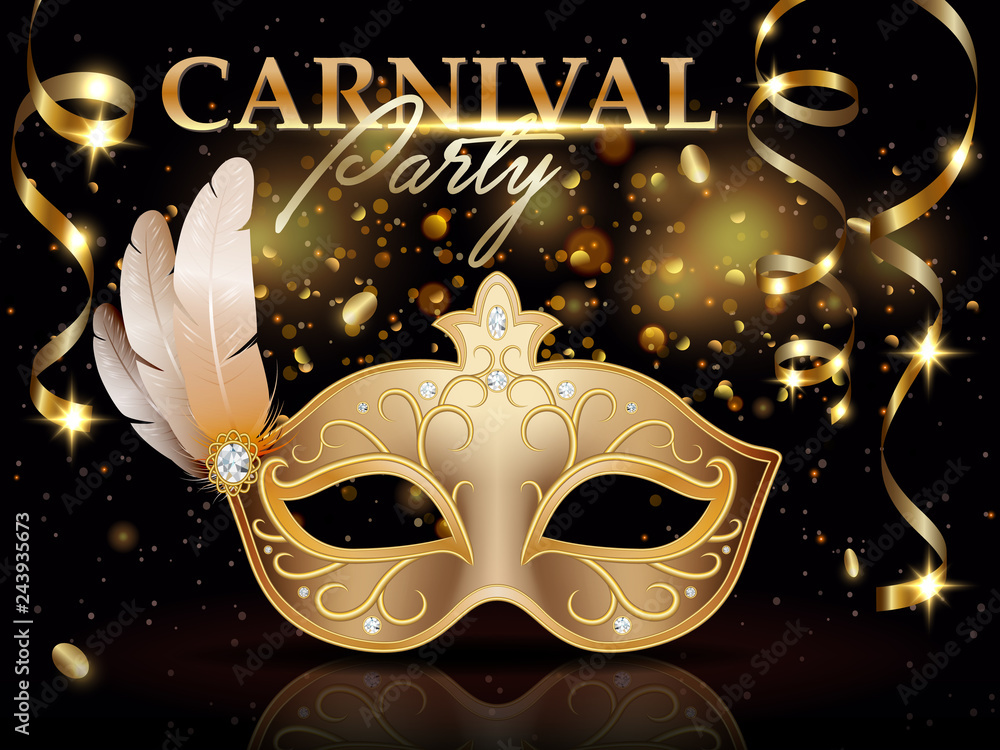 Carnival party invitation poster, banner, golden carnival mask decorated with feathers and diamonds, celebration decoration and ribbons, vector illustration