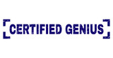 CERTIFIED GENIUS text seal print with grunge texture. Text tag is placed inside corners. Blue vector rubber print of CERTIFIED GENIUS with dirty texture.