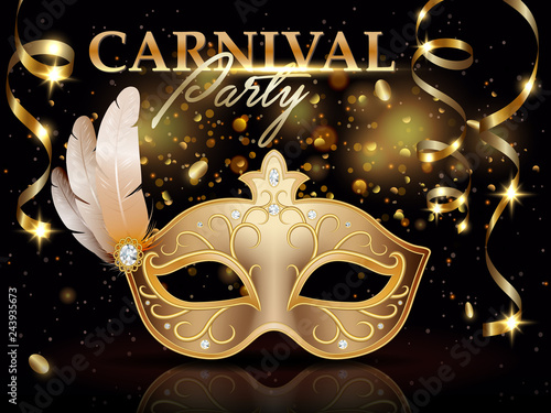 Carnival party invitation poster, banner, golden carnival mask decorated with feathers and diamonds, celebration decoration and ribbons, vector illustration