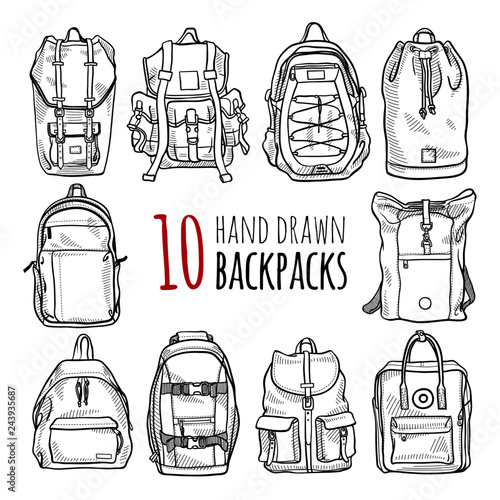 Set of 10 fashion backpacks sketches. Vector hand drawn isolated illustration