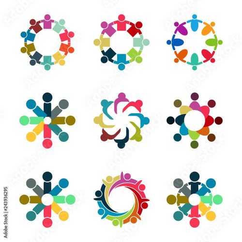 Graphic group connecting,People Connection logo set,Team work in a circle holding hands,Business person meeting in the same power room,Vector icons