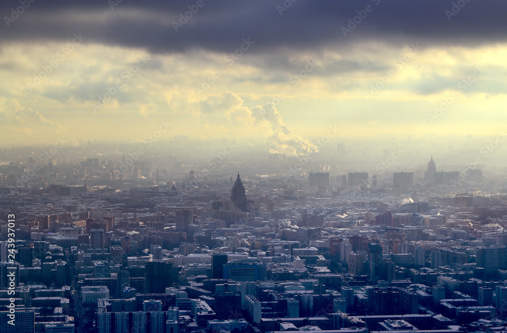 Beautiful winter photo of Moscow panorama with landmarks