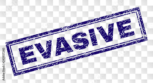 EVASIVE stamp seal print with rubber print style and double framed rectangle shape. Stamp is placed on a transparent background. Blue vector rubber print of EVASIVE text with retro texture.