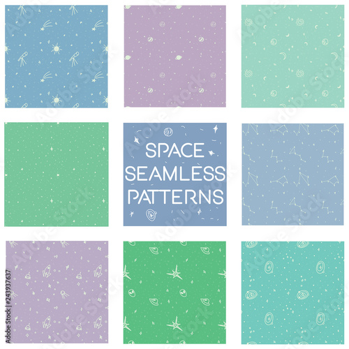 Set of nine vector space seamless patterns. Seamless patterns with stars, planets, ufo, spaceships. Cartoon looking seamless cosmic patterns