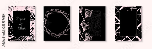 Wedding Invitation Card Vector Set on Black. Minimal Textured Cover, Brochure, Menu, Certificate, Border, Gift Design. Elegant Business Cover Simple Collection. Wedding Invitation Card Template