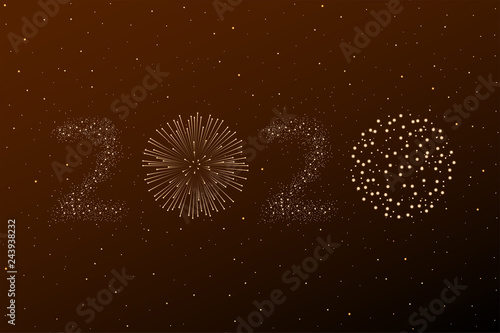 Firework 2020 New year concept on golden night sky background. Christmas card. Congratulations or invitation background. Vector illustration