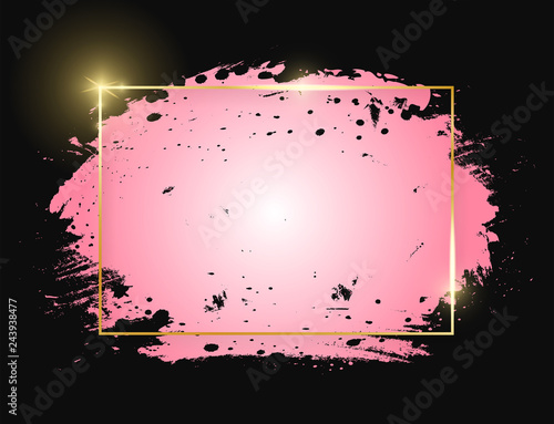 Gold shiny glowing rectangle frame with pink brush strokes isolated on black background. Golden line border for invitation, card, sale, fashion, wedding, print. Woman, Valentine or mother day. Vector
