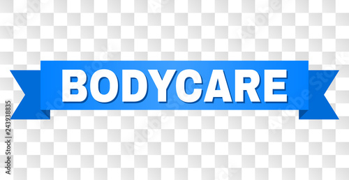 BODYCARE text on a ribbon. Designed with white caption and blue stripe. Vector banner with BODYCARE tag on a transparent background.