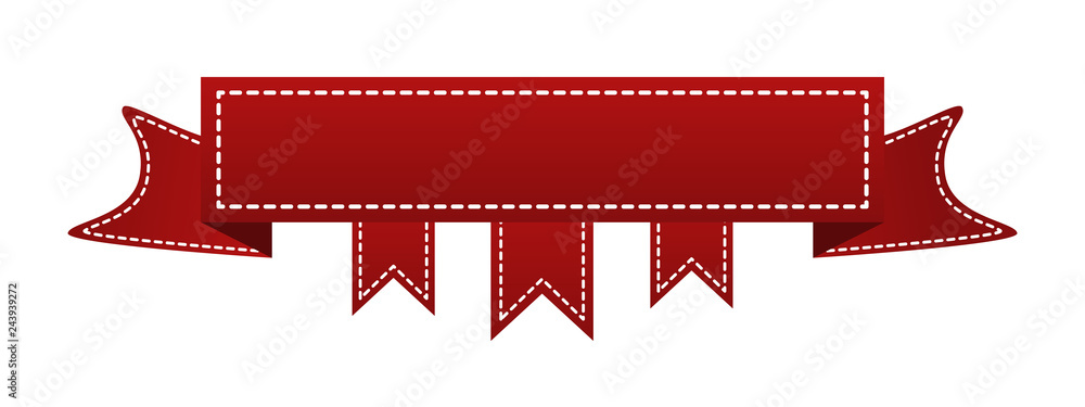 Embroidered red ribbon isolated on white. Can be used for banner, award, sale, icon, logo, label etc. Vector illustration Embroidered red ribbon isolated on white. Can be used for banner, award, sale, icon, logo, label etc. Vector illustration