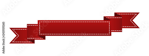 Embroidered red ribbon isolated on white. Can be used for banner, award, sale, icon, logo, label etc. Vector illustration