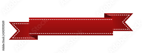 Embroidered red ribbon isolated on white. Can be used for banner, award, sale, icon, logo, label etc. Vector illustration