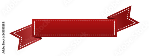 Embroidered red ribbon isolated on white. Can be used for banner, award, sale, icon, logo, label etc. Vector illustration