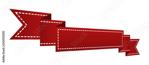 Embroidered red ribbon isolated on white. Can be used for banner, award, sale, icon, logo, label etc. Vector illustration