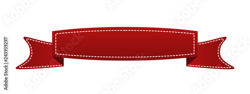 Embroidered red ribbon isolated on white. Can be used for banner, award, sale, icon, logo, label etc. Vector illustration