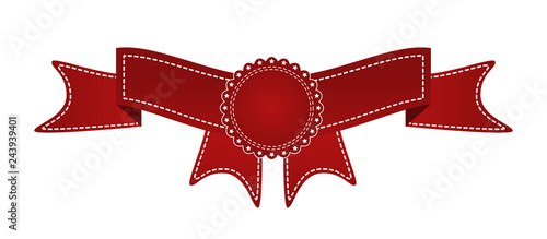 Embroidered red ribbon isolated on white. Can be used for banner, award, sale, icon, logo, label etc. Vector illustration