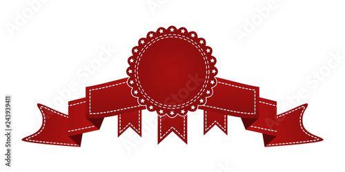 Embroidered red ribbon isolated on white. Can be used for banner, award, sale, icon, logo, label etc. Vector illustration