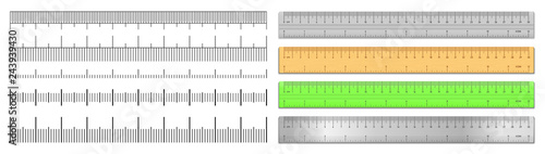 Realistic tape rulers and scale measure set isolated on white background. Plastic, metal and wooden double sided measurement in cm and inches. Length measurement scale chart. Vector illustration