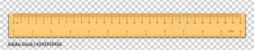 Realistic wooden tape ruler isolated on transparent background. Double sided measurement in cm and inches. Vector illustration