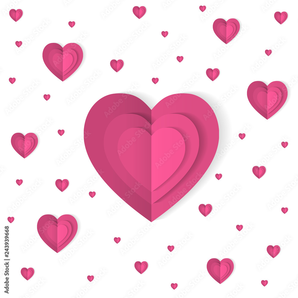 Pink and white origami paper hearts background. Valentines day concept. Love, feelings, tenderness design. Vector illustration