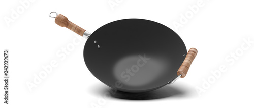 Empty wok with wooden handles isolated on white background. 3d illustration